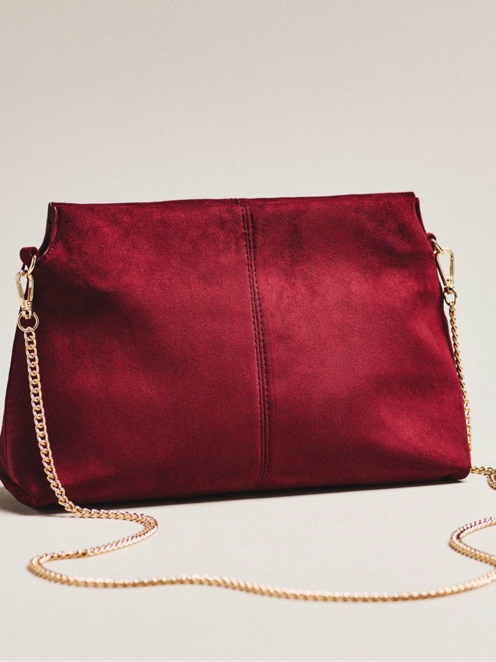 Anthropologie Moda Luxe Burgundy Faux Suede Clutch Crossbody Bag Gold Chain NWT